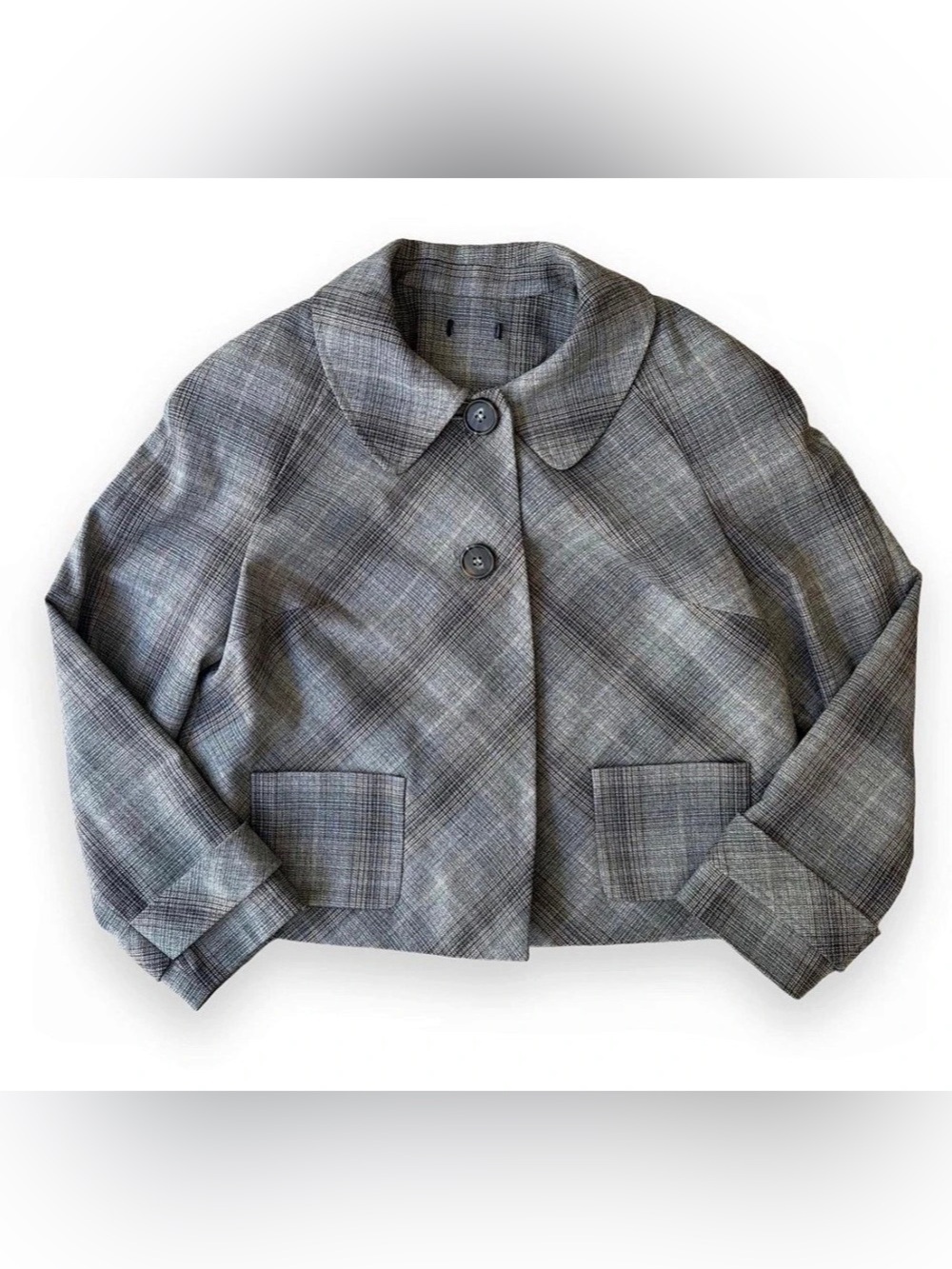 Taupe Grey/Brown Plaid Cropped Blazer Jacket with Shoulder Pads Sz S/M